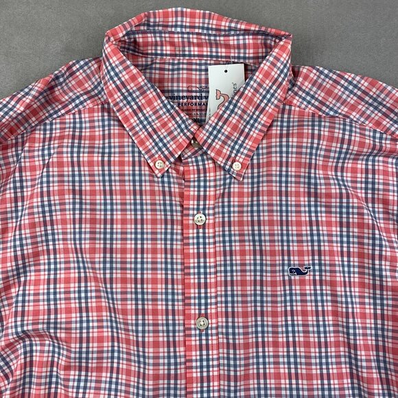 Vineyard Vines Performance Mens Whale Shirt XL Pink Blue Plaid Button Up Classic - Picture 2 of 11